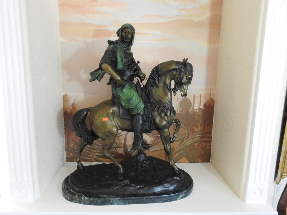 “Cavalier Arabe?? Equestrian Sculpture After Antoine-Louis Barye: Large equestrian sculpture titled / noted Cavalier Arabe, signed Antoine-Louis Barye, depicting a mounted Arab cavalier on a dark base. Approx. 30 x 25 x 15 in.