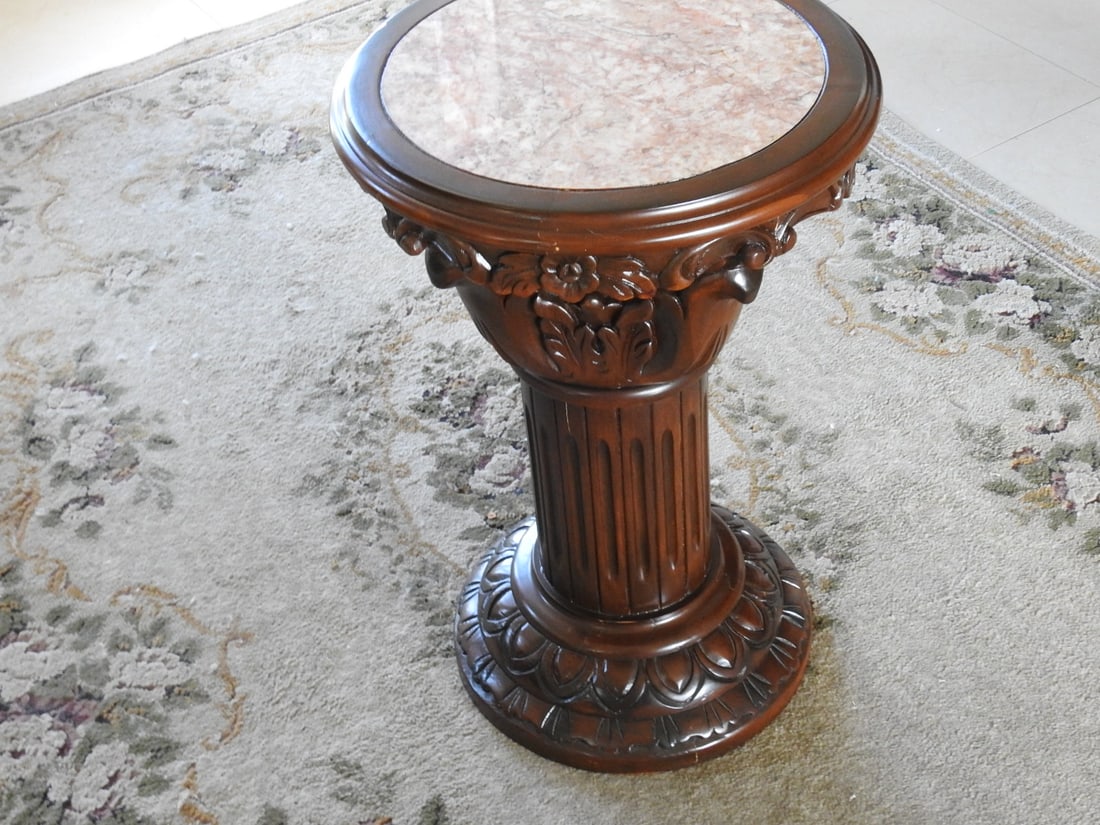 Breccia Pernice Marble Top Plant Stand Column: Single Breccia Pernice marble top plant stand column with carved-style base and fluted support. Approx. 24.5 x 16.5 x 16.5 in.