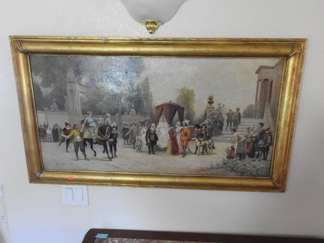 Gabriel Salinas Original Oil on Canvas: Original oil on canvas by Gabriel Salinas depicting an equestrian / horse scene, housed in a gilt frame. Approx. 26 x 46 x 3 in.