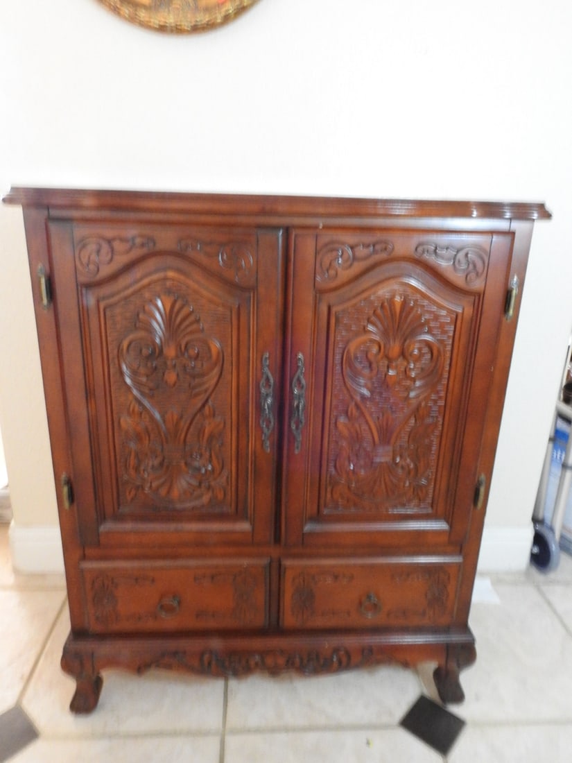 Rococo Style Breccia Pernice Marble Top Two-Door Cabinet: Rococo style mahogany two-door standing cabinet with Breccia Pernice marble top, carved panels, and interior storage. Approx. 39 x 32 x 18 in.