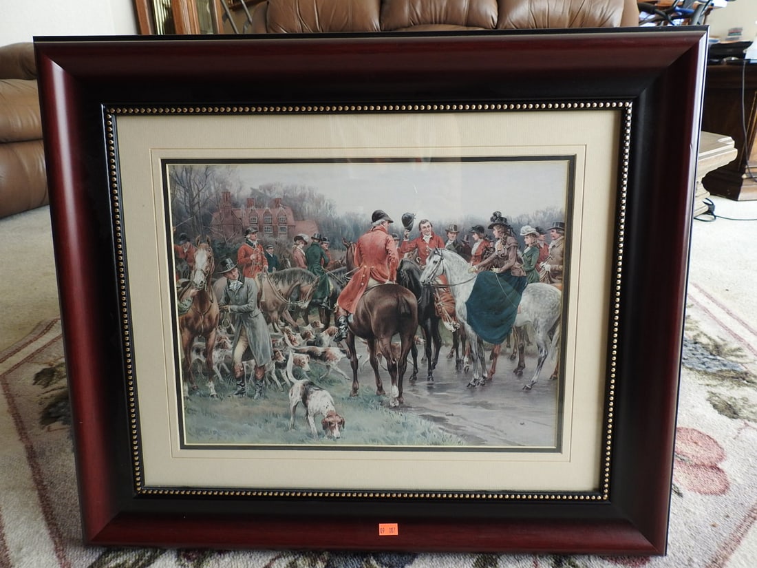 “Winter’s Morning?? Fox Hunt Framed Reprint: Framed reprint titled Winter’s Morning, depicting an equestrian fox hunt scene with riders and hounds. Approx. 22 x 26 x 2 in.
