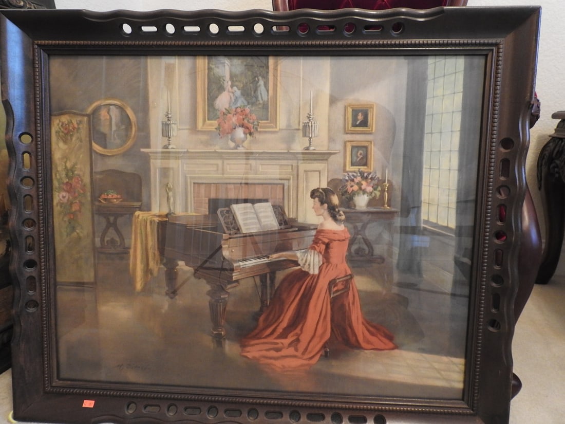 “Sonata?? by Anthony Fitlaff Framed Reprint: Framed reprint titled “Sonata” by Anthony Fitlaff per notes, depicting an interior music scene with piano and figure. Approx. 29 x 35 x 3 in.