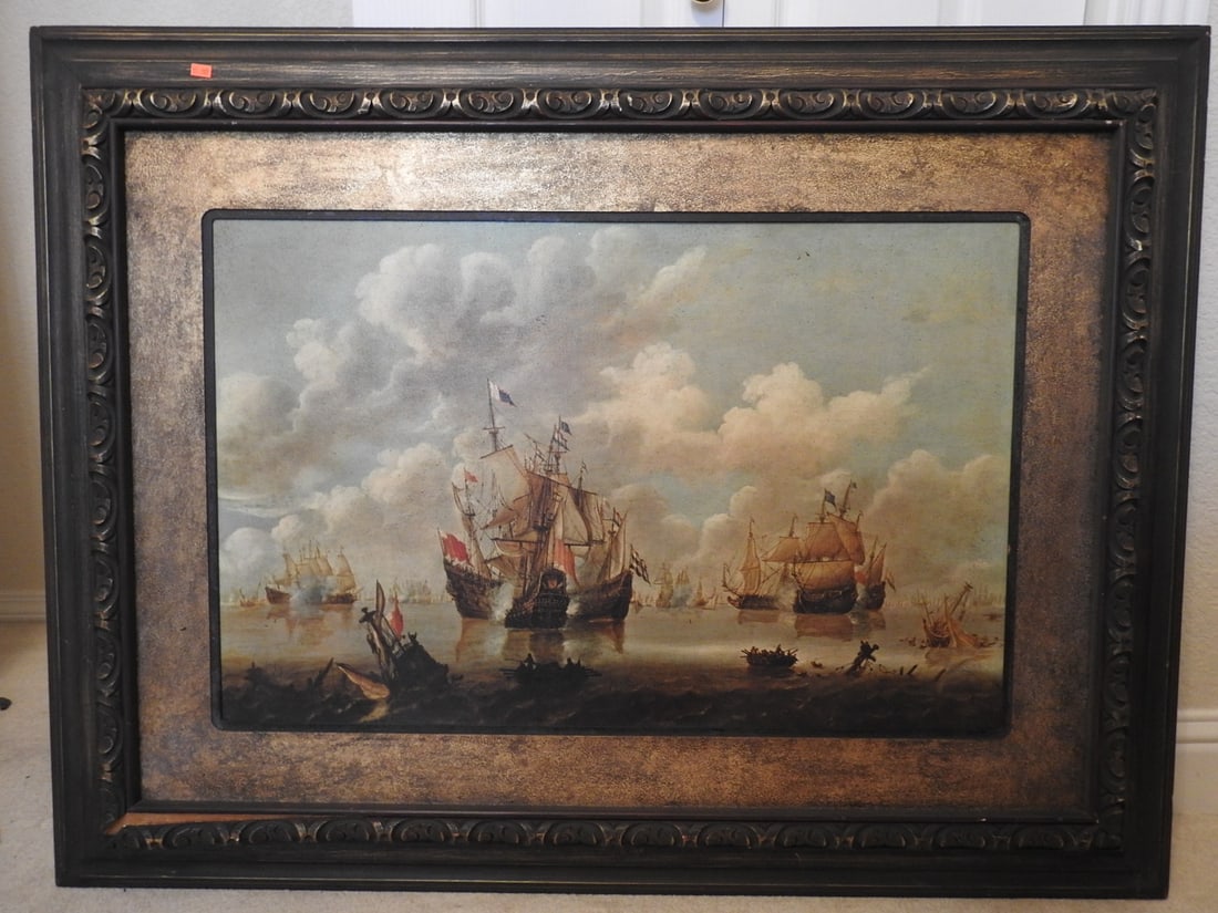 Naval Battle of the North Sea Framed Canvas Reprint: Framed canvas reprint depicting a naval battle scene noted as Naval Battle of the North Sea. Approx. 36 x 47 x 3 in.