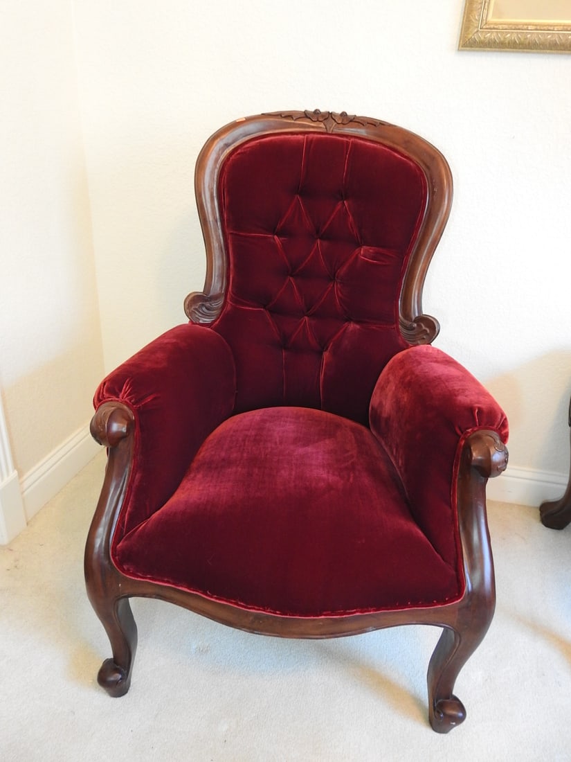 Vintage Victorian Style Red Velvet Parlor Chair - 3