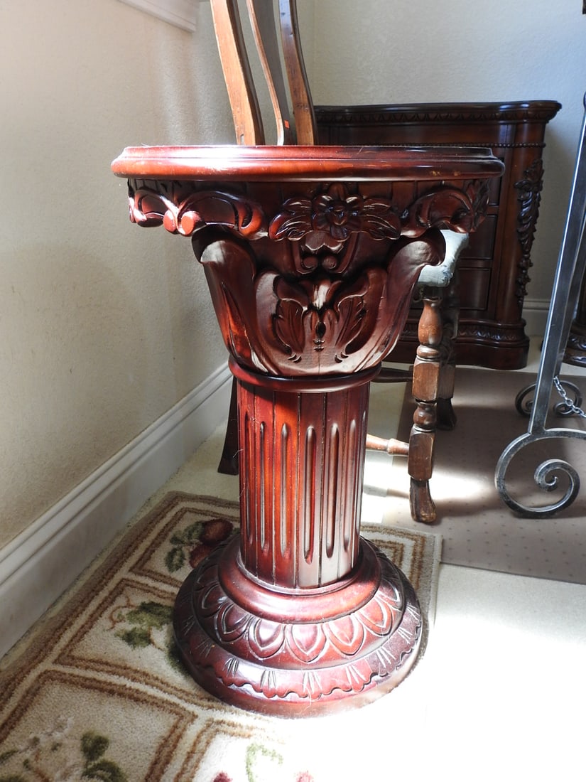 Breccia Pernice Marble Top Plant Stand Column: Breccia Pernice marble top plant stand column with carved-style base and fluted support. Approx. 24.5 x 16.5 x 16.5 in.