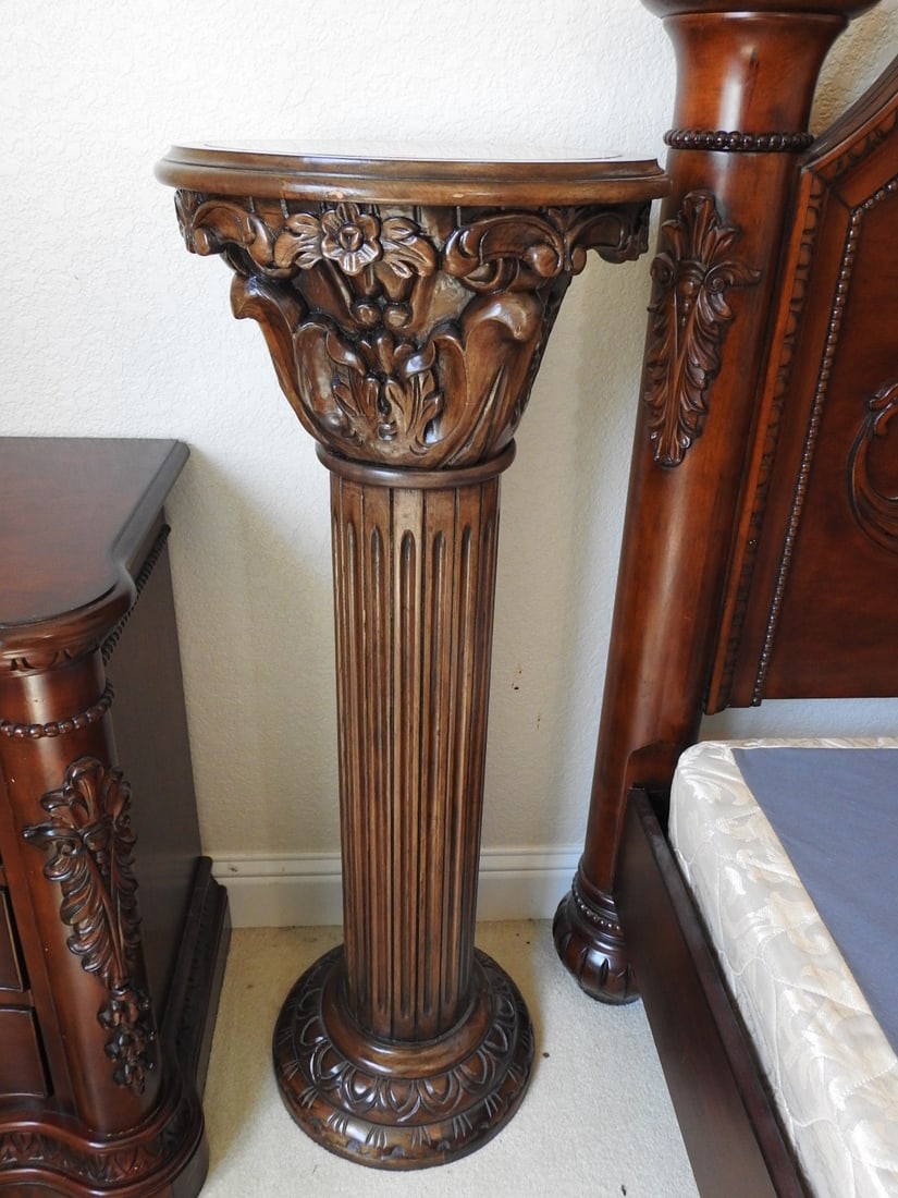 Tall Breccia Pernice Marble Top Plant Stand Column: Tall Breccia Pernice marble top plant stand column with carved-style base and fluted support. Approx. 42 x 16.5 x 16.5 in.