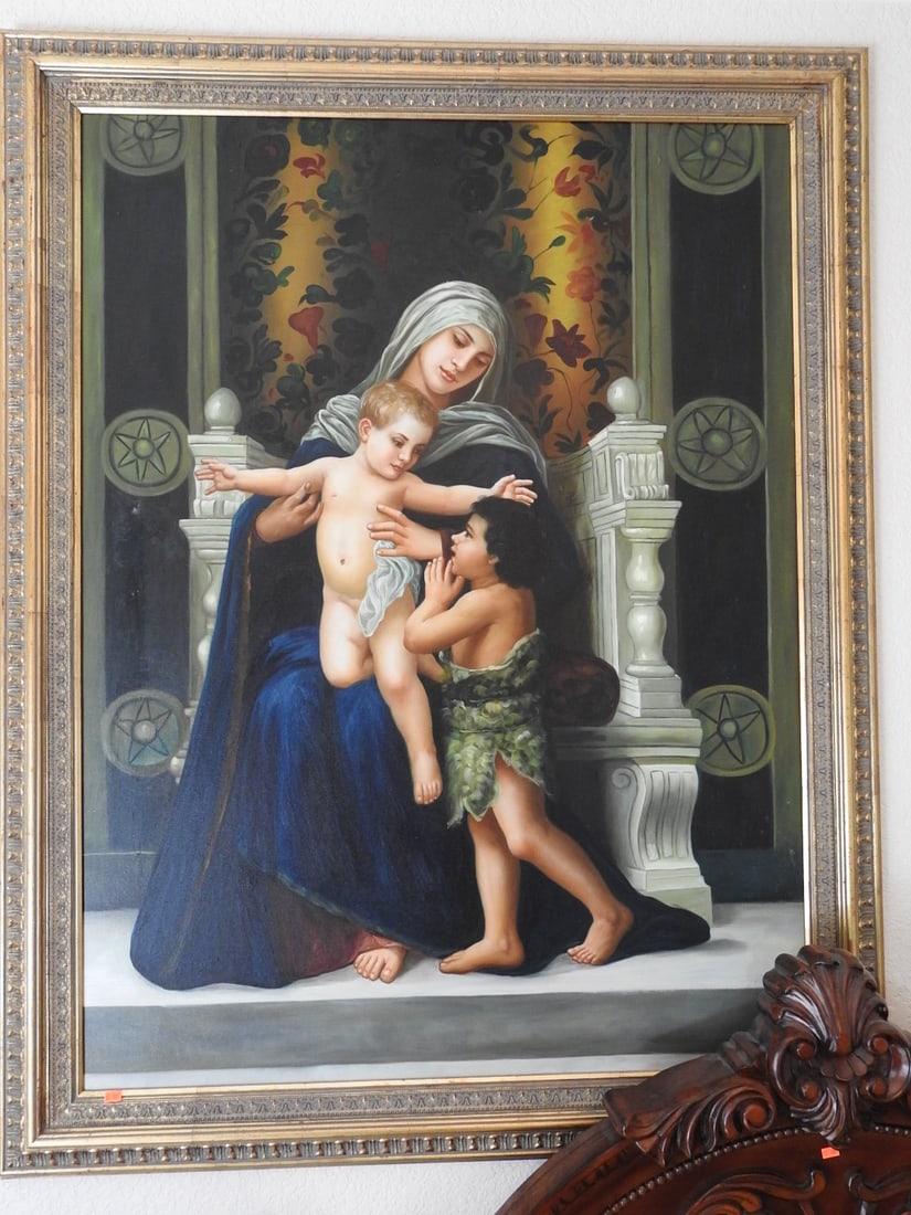 The Virgin, Jesus & John the Baptist Oil on Canvas: Large framed oil on canvas depicting the Virgin, Jesus, and John the Baptist in a classical religious scene. Approx. 57 x 45 x 3 in.