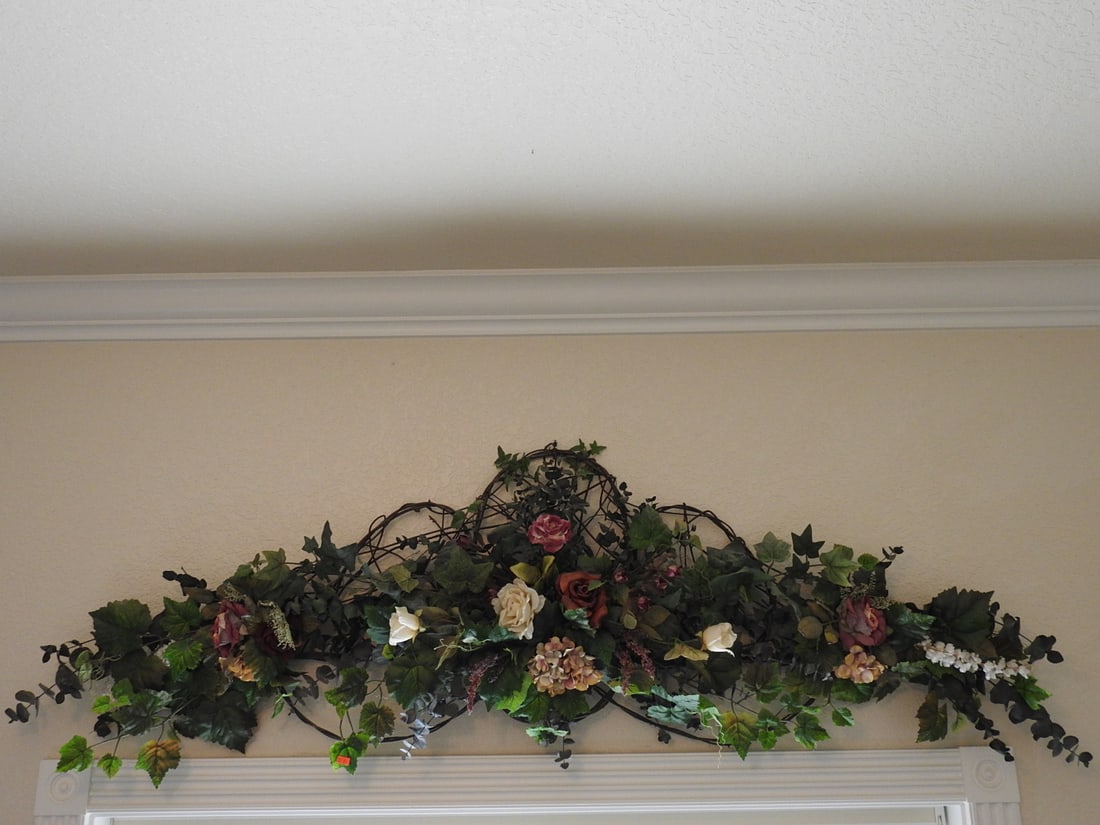 Large Silk Flower Swag: Large decorative silk flower swag with assorted artificial greenery and flowers. Approx. 24 x 69 x 10 in.