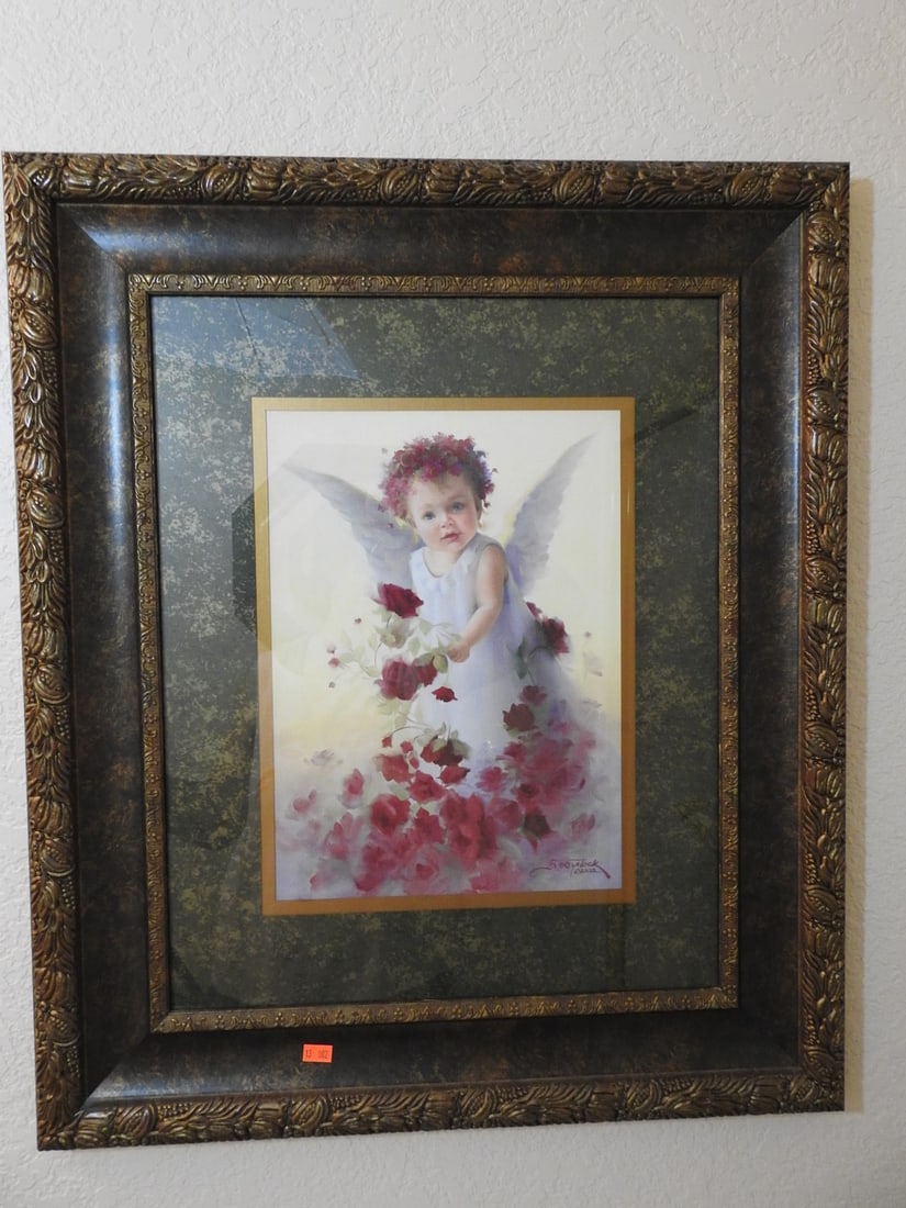 Home Interiors Floral Framed Print: Home Interiors framed floral print dated 2002, presented with decorative matting and ornate frame. Approx. 27 x 24 x 2 in.