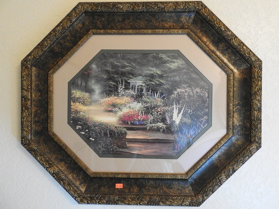 Private Gazebo Framed Print: Framed print titled Private Gazebo, depicting a garden gazebo scene in decorative frame. Approx. 23 x 27.5 x 2 in.