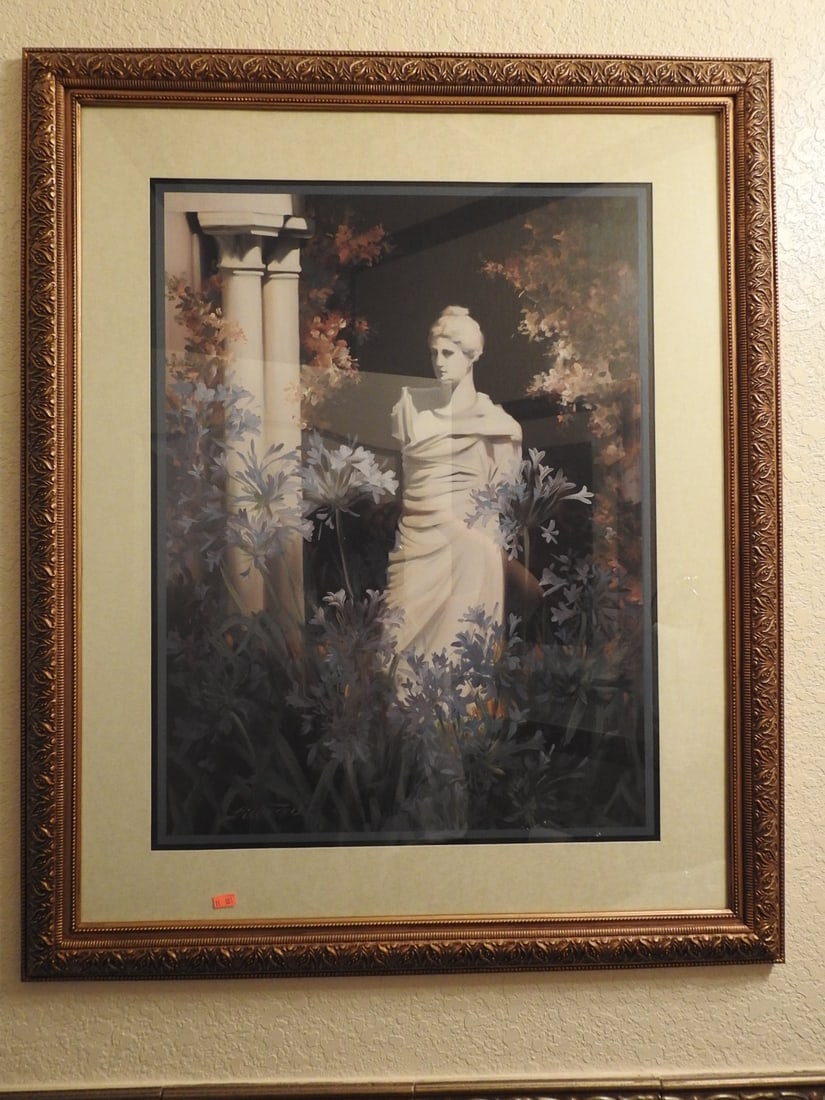 Daybreak Framed Reprint: Framed Daybreak reprint in decorative frame with mat, depicting a classical figural scene. Approx. 35 x 29 x 2 in.