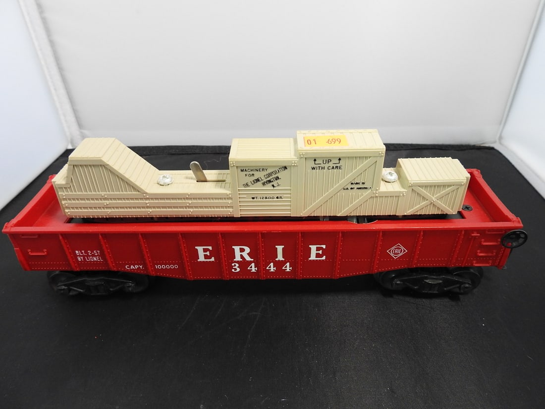 Lionel No. 3444 Erie Animated Cop and Hobo Gondola: Lionel postwar-era O gauge No. 3444 Erie animated cop and hobo gondola car with red Erie gondola body, black frame, and animated figures/mechanism. Circa 1950s Lionel production; operating feature not