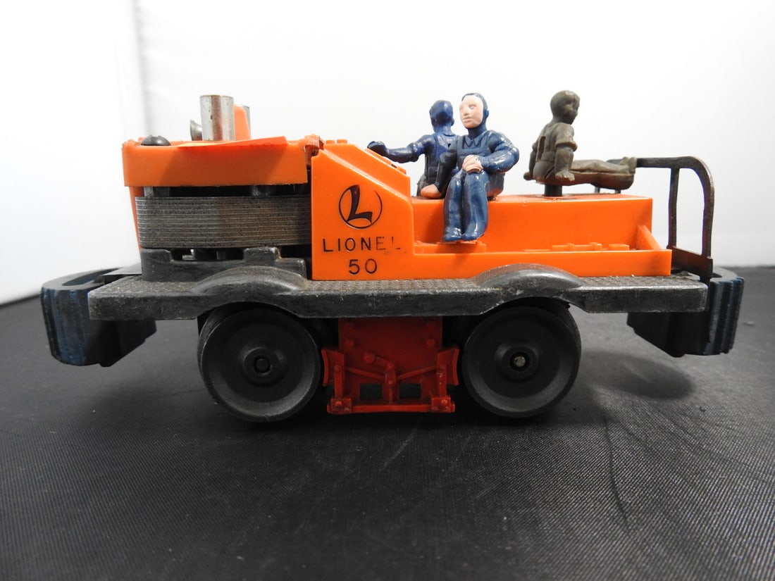 Lionel No. 50 Motorized Gang Car: Lionel postwar-era O gauge No. 50 motorized gang car with orange work car body and blue worker figures. Circa 1950s Lionel production; motorized operation not fully tested unless noted. Approx. 3 x 6
