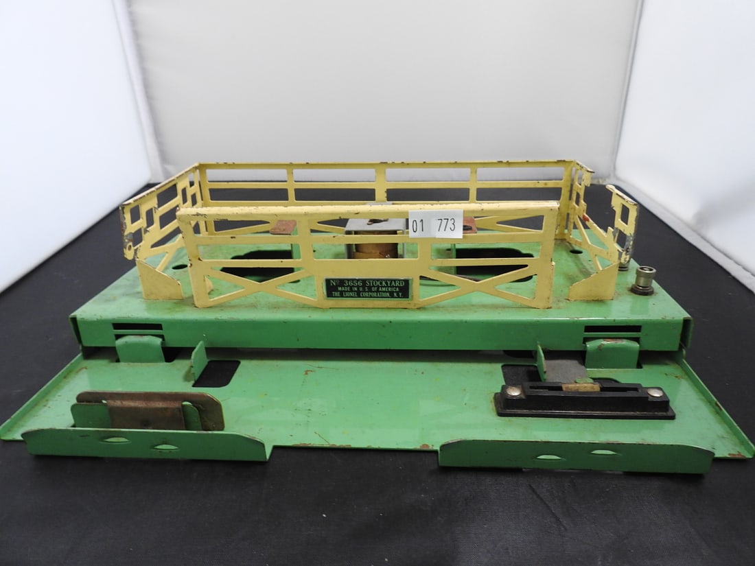 Lionel No. 3356 Horse Car Corral / Operating Horse Loader Accessory: Lionel No. 3356 Horse Car Corral / operating horse loader accessory with fenced platform, ramp, and metal/plastic construction. Marked Lionel, New York, made in U.S.A.; noted incomplete. Postwar-era