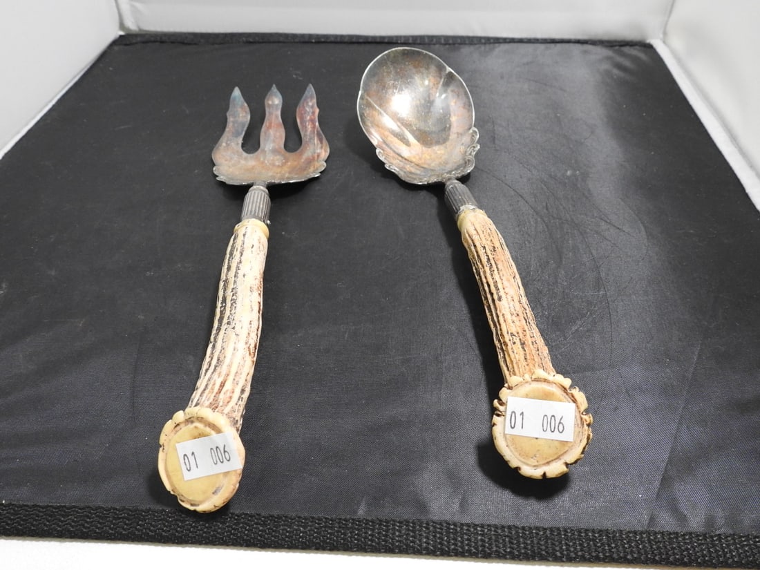 Antique Nickel Silver and Antler Serving Spoon and Fork (1 of 5)