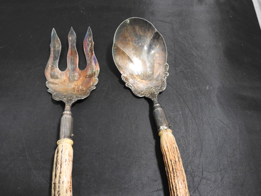 Antique Nickel Silver and Antler Serving Spoon and Fork - 2