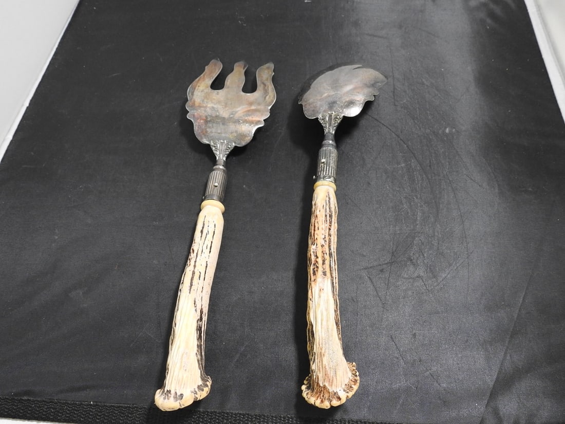 Antique Nickel Silver and Antler Serving Spoon and Fork - 4