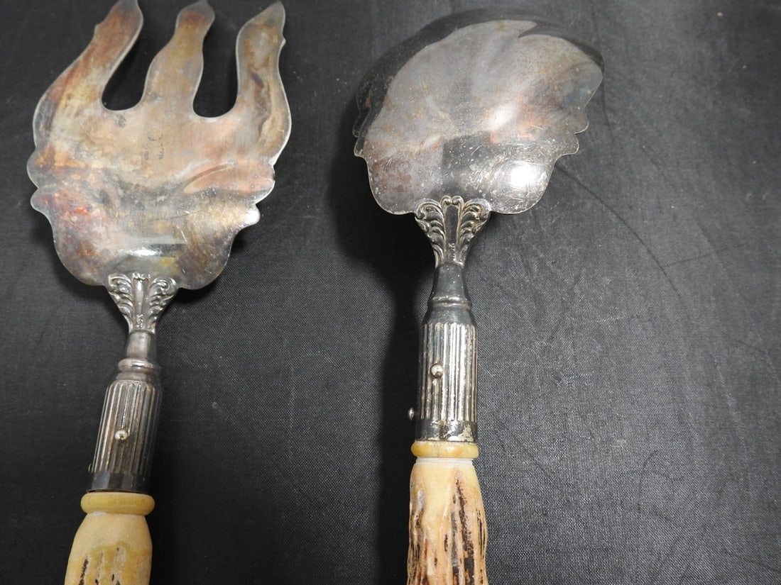 Antique Nickel Silver and Antler Serving Spoon and Fork - 5