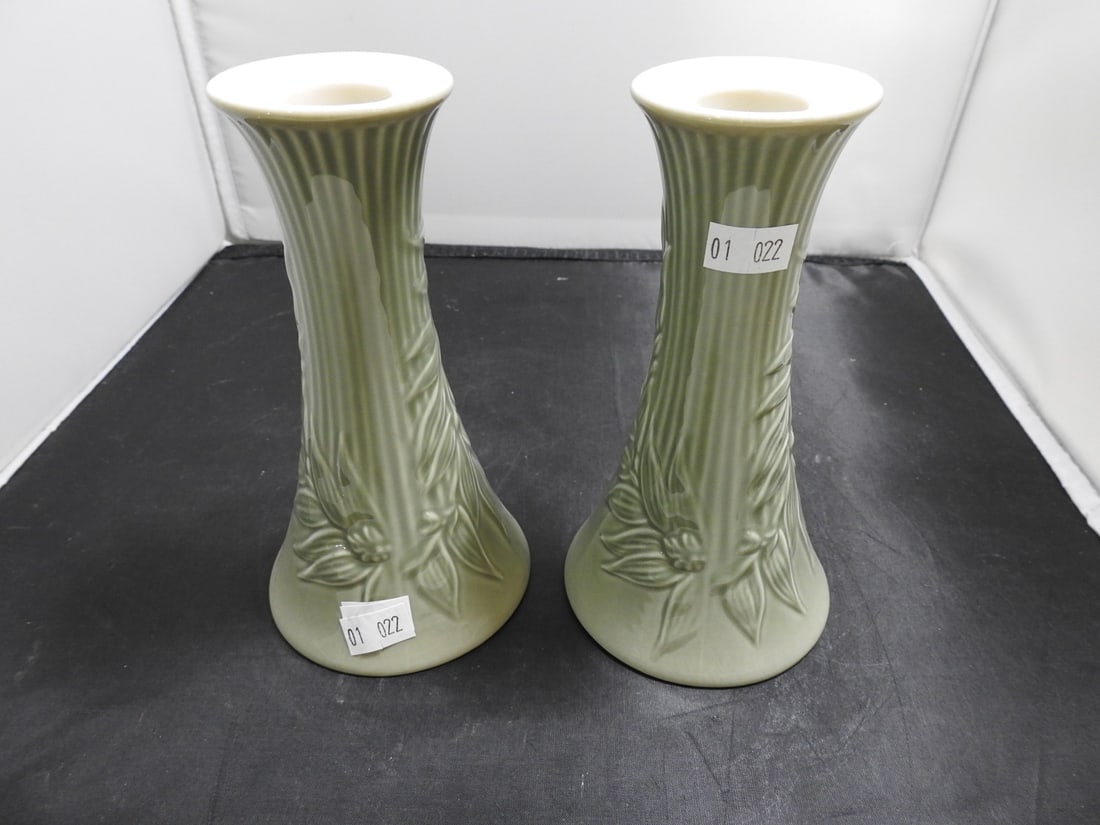 Lenox Fine Porcelain Candlesticks, Pair: Pair of Lenox fine porcelain candlesticks with pale green fluted bodies and cream rims. Approx. 7 x 7.5 x 4 in.