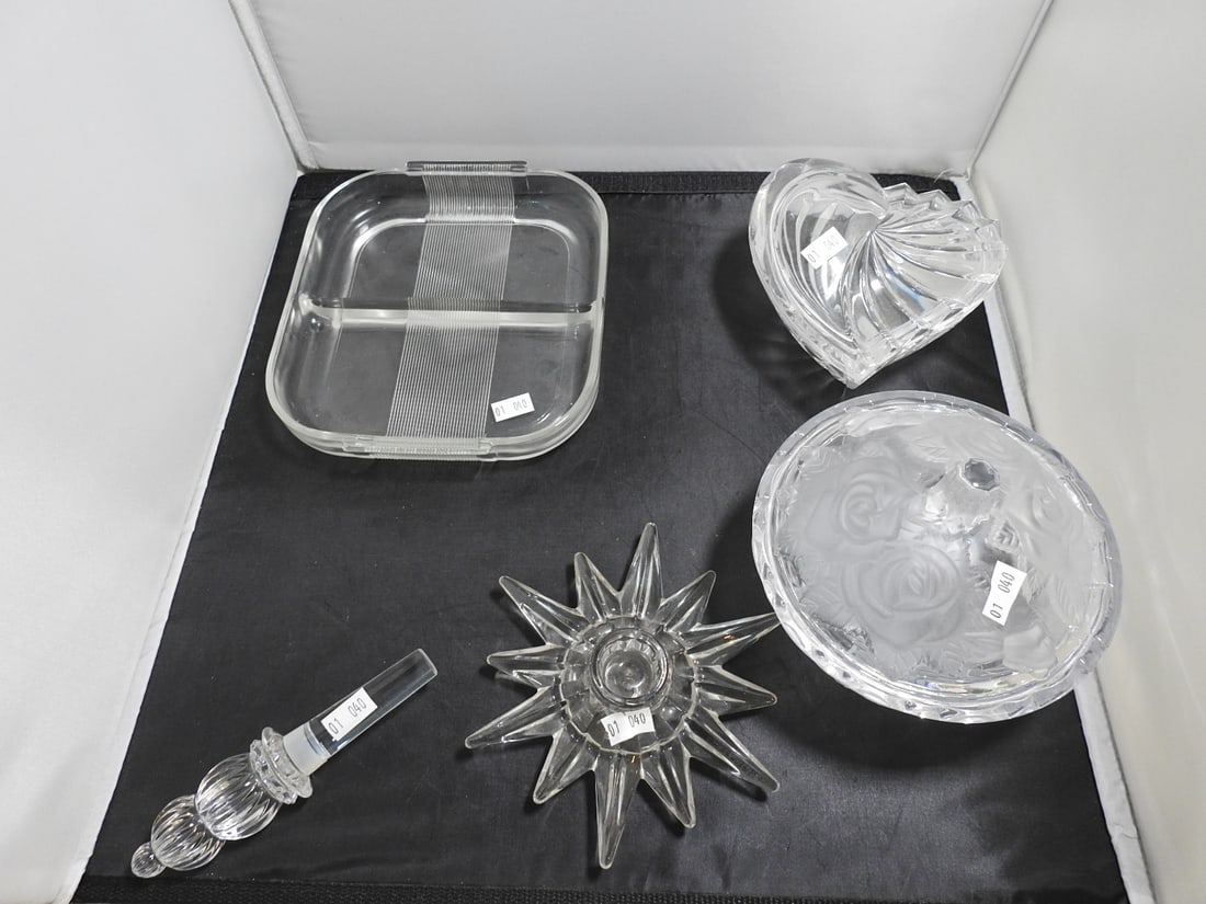 Mixed Crystal and Glass Serving Lot: Mixed crystal and glass lot with assorted serving pieces, trays, bowl, and decorative glass items. Approx. 9 x 8 x 8 in.