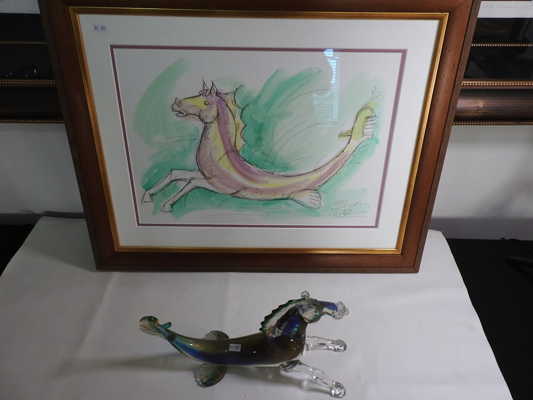 Murano Glass Hippocampus and Framed Art Lot: Decorative lot including Murano-style glass hippocampus/seahorse figure and framed hippocampus / fantasy horse artwork. Approx. 9 x 27 x 22 in.