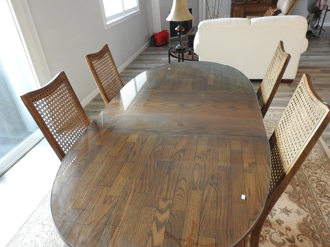Vintage Dining Table and Six-Chair Set with Glass Top: Vintage dining table and Six-chair set with glass tabletop cover and upholstered seat chairs. Approx. 42 x 78 x 43 in.