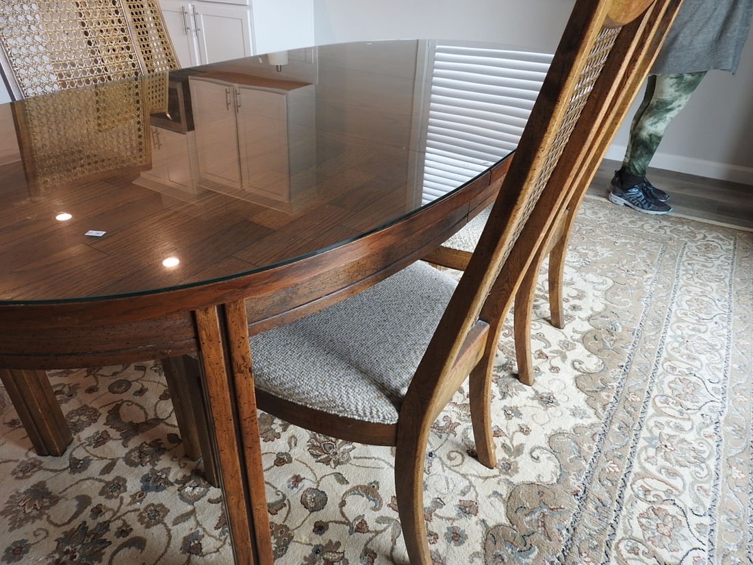 Vintage Dining Table and Six-Chair Set with Glass Top - 5