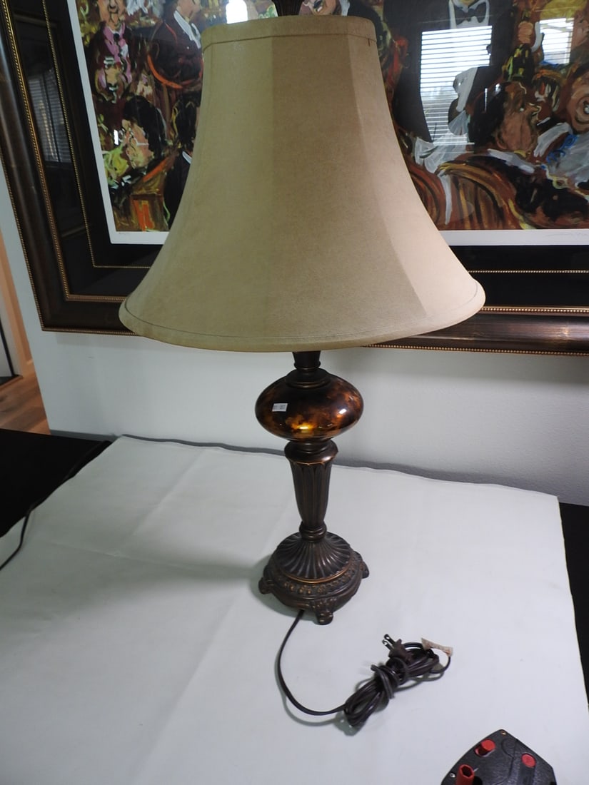 Classical Roman Style Table Lamp: Classical Roman style table lamp with painted resin body, glass accent, and fabric shade. Approx. 32 x 18 x 18 in.
