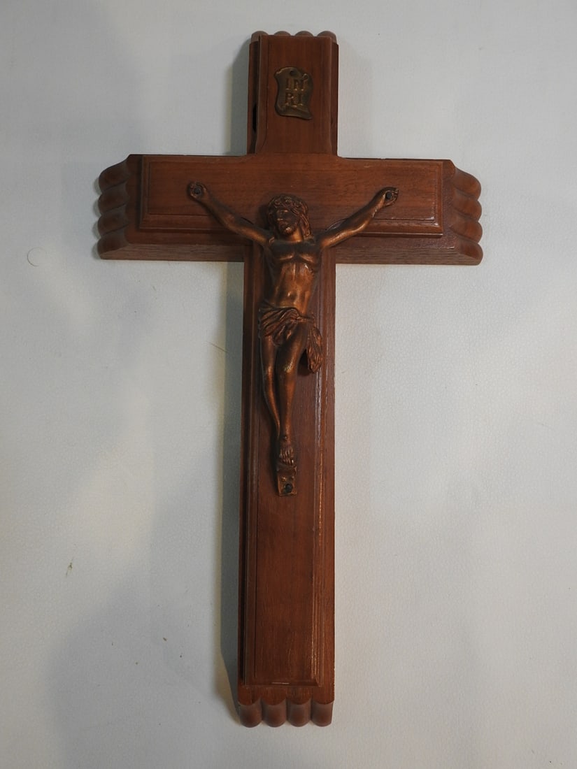 Antique Wood and Bronze Wall Crucifix with Hidden Compartment (1 of 3)
