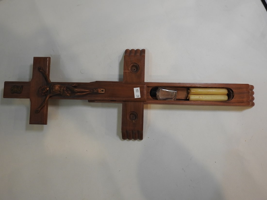 Antique Wood and Bronze Wall Crucifix with Hidden Compartment - 2