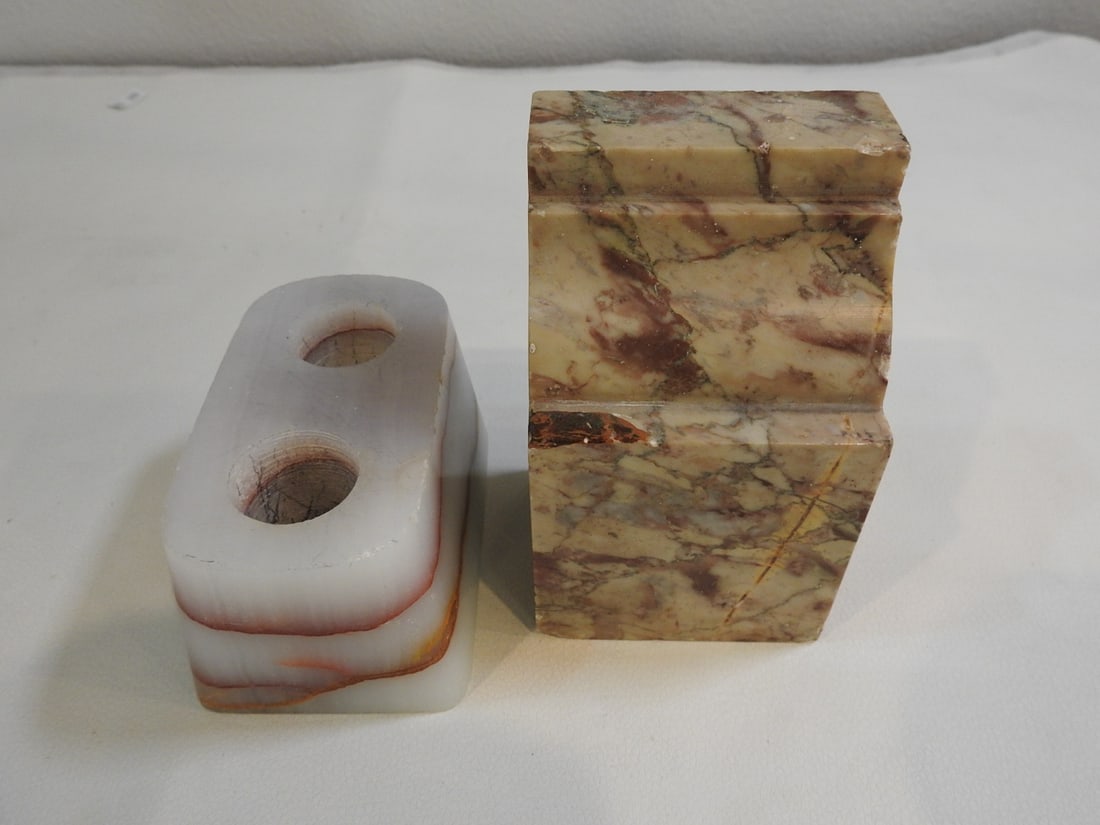 Onyx and Marble Bookend and Pen Holder: Decorative onyx and marble desk accessory combining bookend and pen holder form. Approx. 5.5 x 5.5 x 4.5 in.