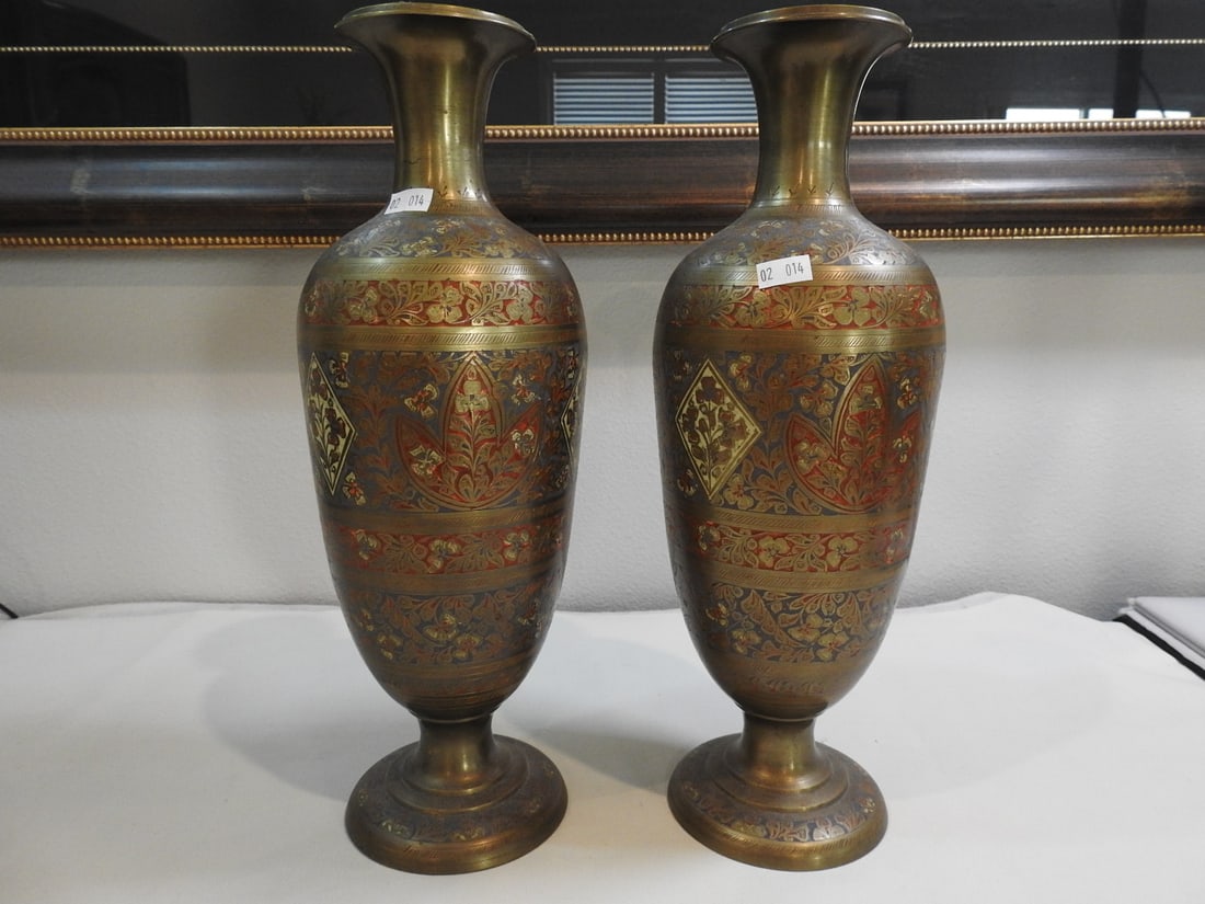 Pair of Indian Enamel Vases: Pair of decorative Indian enamel vases with colorful enamel decoration; measured as a set. Approx. 14 x 10 x 5.25 in.