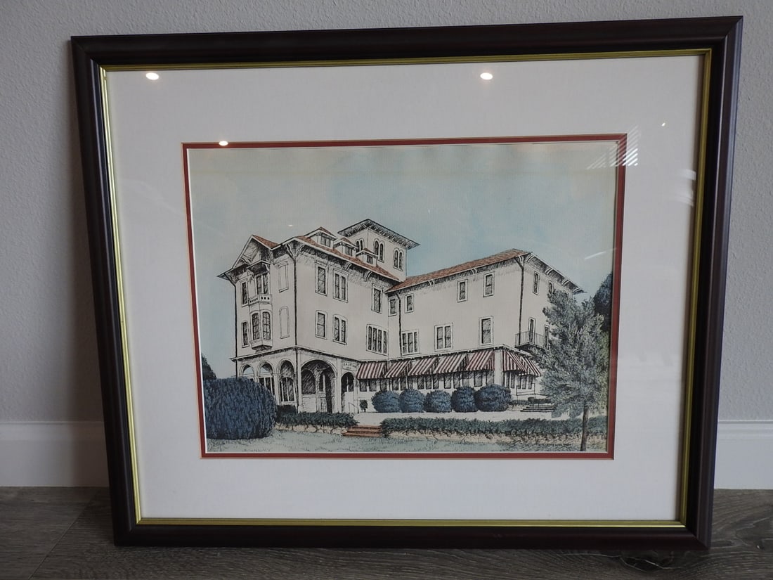 Hotel Conneaut Exposition Park Conneaut Lake PA Watercolor: Framed watercolor depicting Hotel Conneaut at Exposition Park in Conneaut Lake, Pennsylvania; note indicates bubbling under the frame. Approx. 1.25 x 20.5 x 24.5 in.