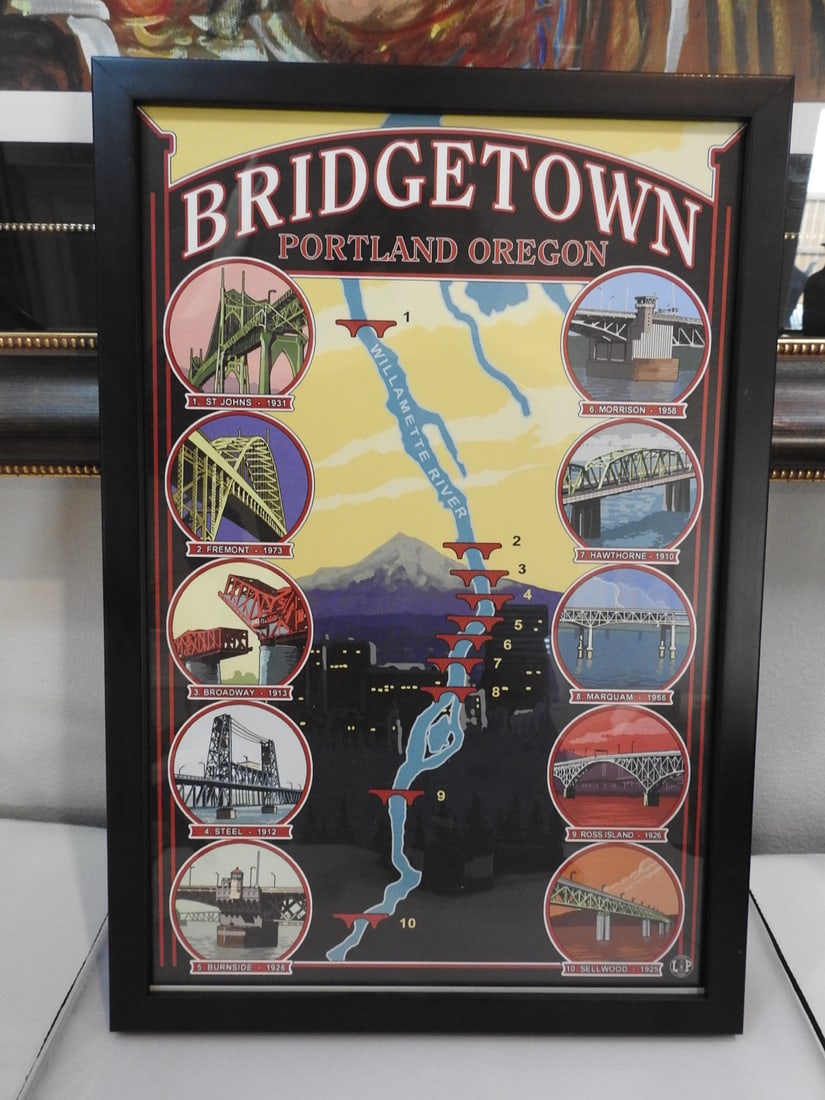 Bridgetown Portland Oregon Framed Art: Framed Bridgetown Portland, Oregon themed artwork. Approx. 1.75 x 19.5 x 13.5 in.