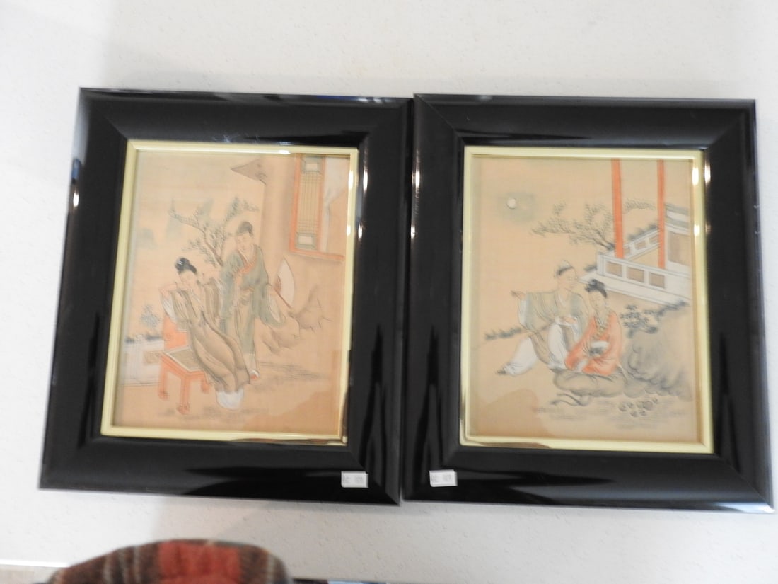 Pair of Framed Hand-Painted Natural Material Artworks: Pair of framed hand-painted artworks on natural material; measured as a set. Approx. 2 x 15 x 12.5 in.