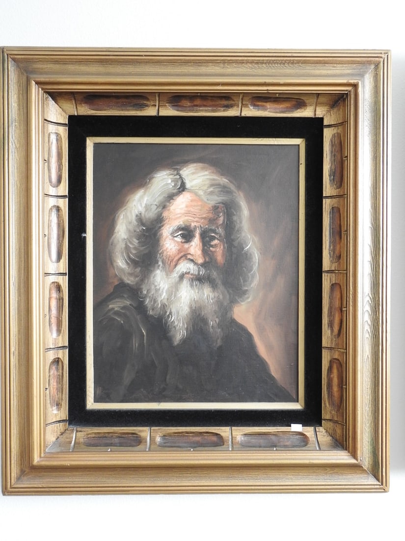 Vintage Oil on Canvas in Wood Frame with Velvet Matting: Vintage oil on canvas in wood frame with velvet matting. Approx. 32 x 28 x 3.5 in.
