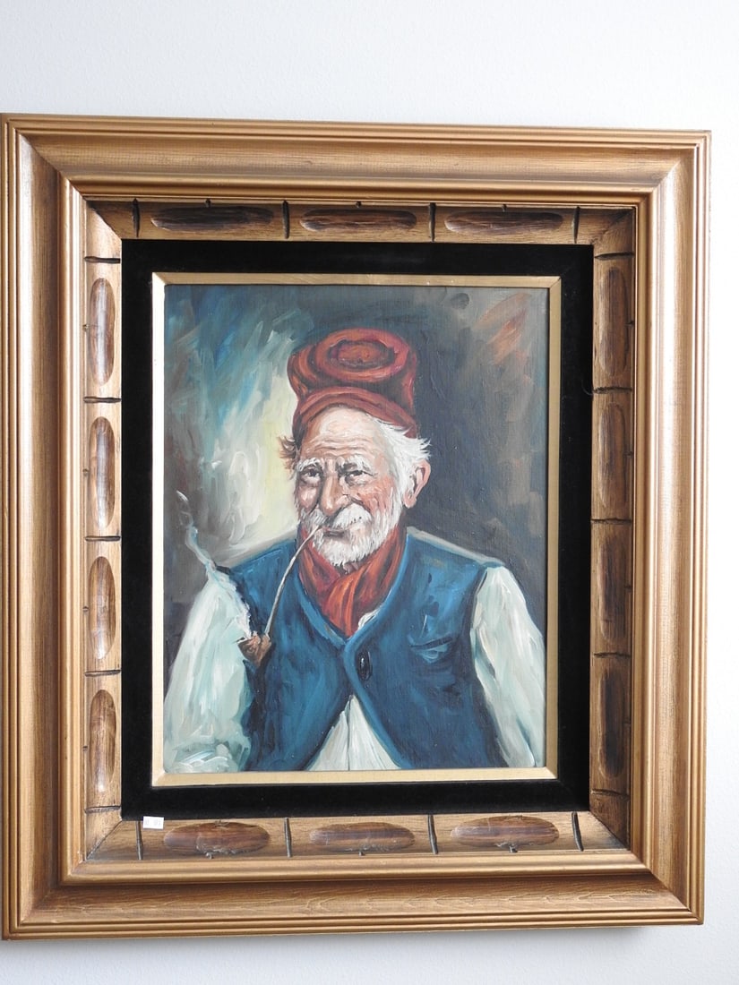 Vintage Oil on Canvas in Wood Frame with Velvet Matting: Vintage oil on canvas in wood frame with velvet matting. Approx. 32 x 28 x 4 in.