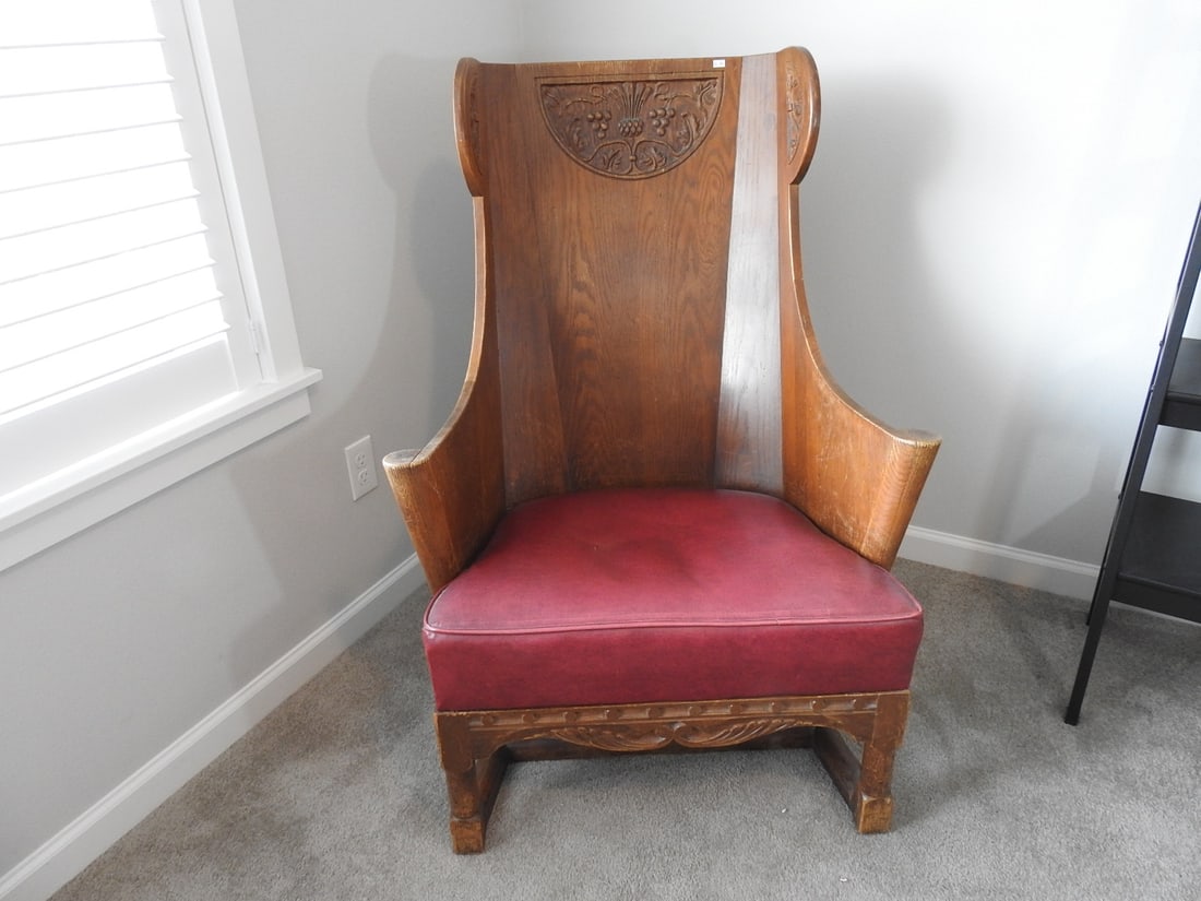 Antique Jamestown Lounge Co. Arts & Crafts Oak Wingback Chair: Antique solid oak wingback chair by Jamestown Lounge Co. in Arts and Crafts style, with throw pillow included. Approx. 42.5 x 30 x 30 in.