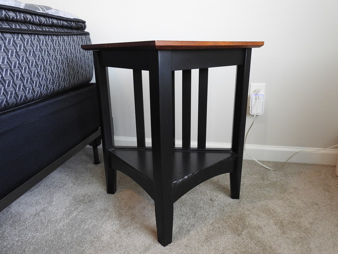Pair of Ethan Allen Craftsman Shaker Style Corner Tables: Pair of solid wood Craftsman/Shaker style corner tables by Ethan Allen, each with lower shelving; measured as packed. Approx. 23 x 20.5 x 20.5 in.