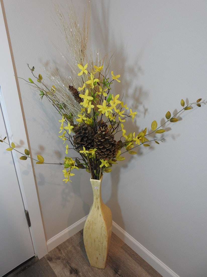 Silk Floral Arrangement in Mother-of-Pearl Inlaid Ceramic Vase: Decorative silk floral arrangement in ceramic vase with inlaid mother-of-pearl style detail. Approx. 52.5 x 9 x 9 in.