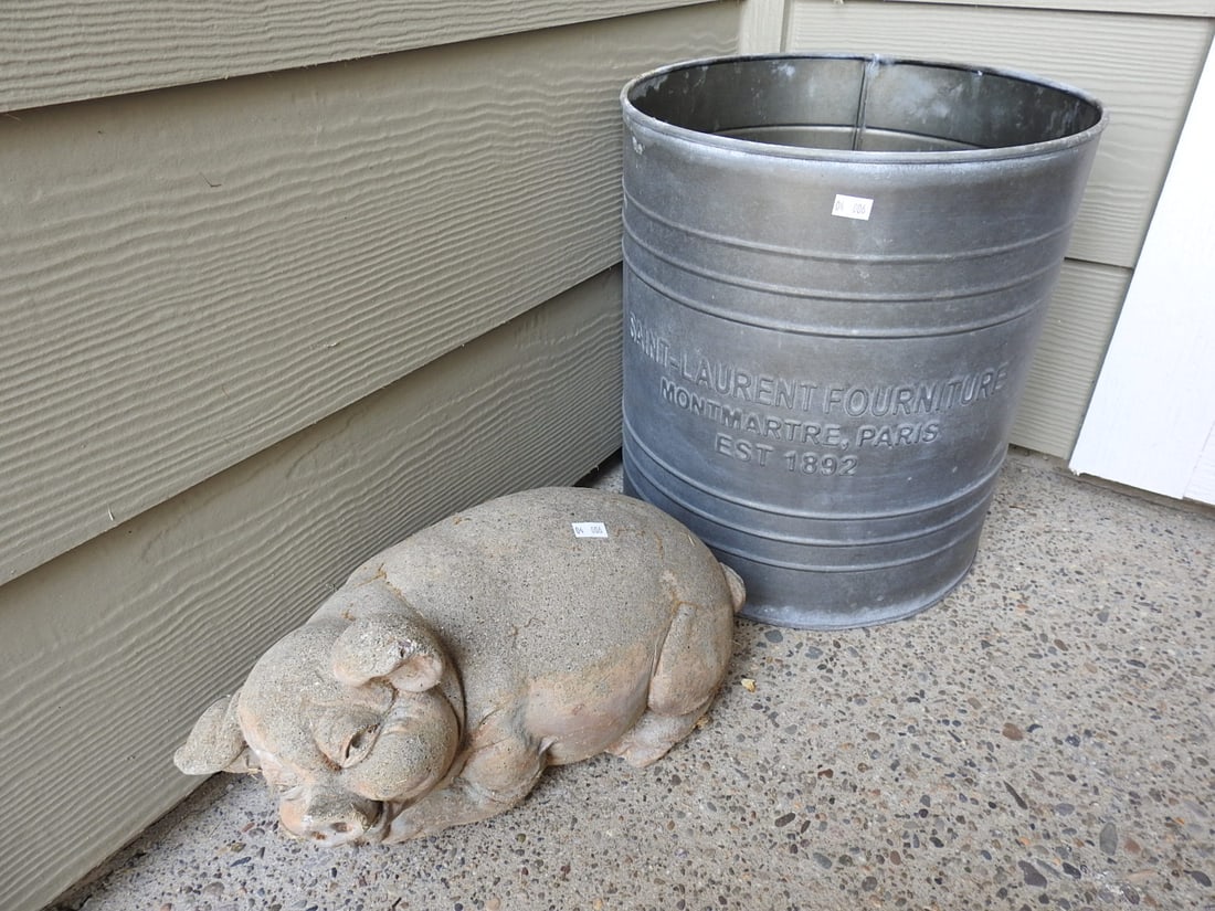 Concrete Pig and Tin Barrel Garden Decor: Concrete pig and tin barrel garden decor grouping. Approx. 14 x 12 x 12 in.