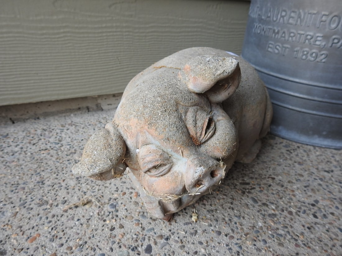 Concrete Pig and Tin Barrel Garden Decor - 2