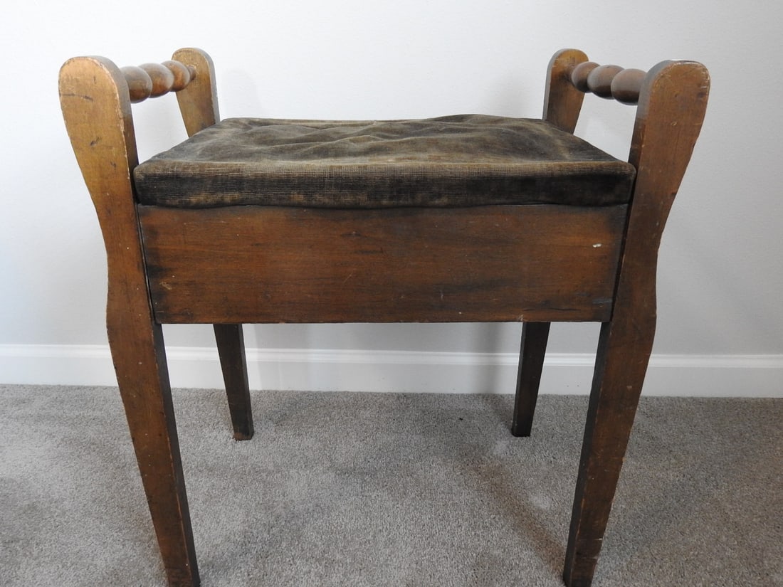 Antique Edwardian Mahogany Piano Stool with Velvet Seat - 5