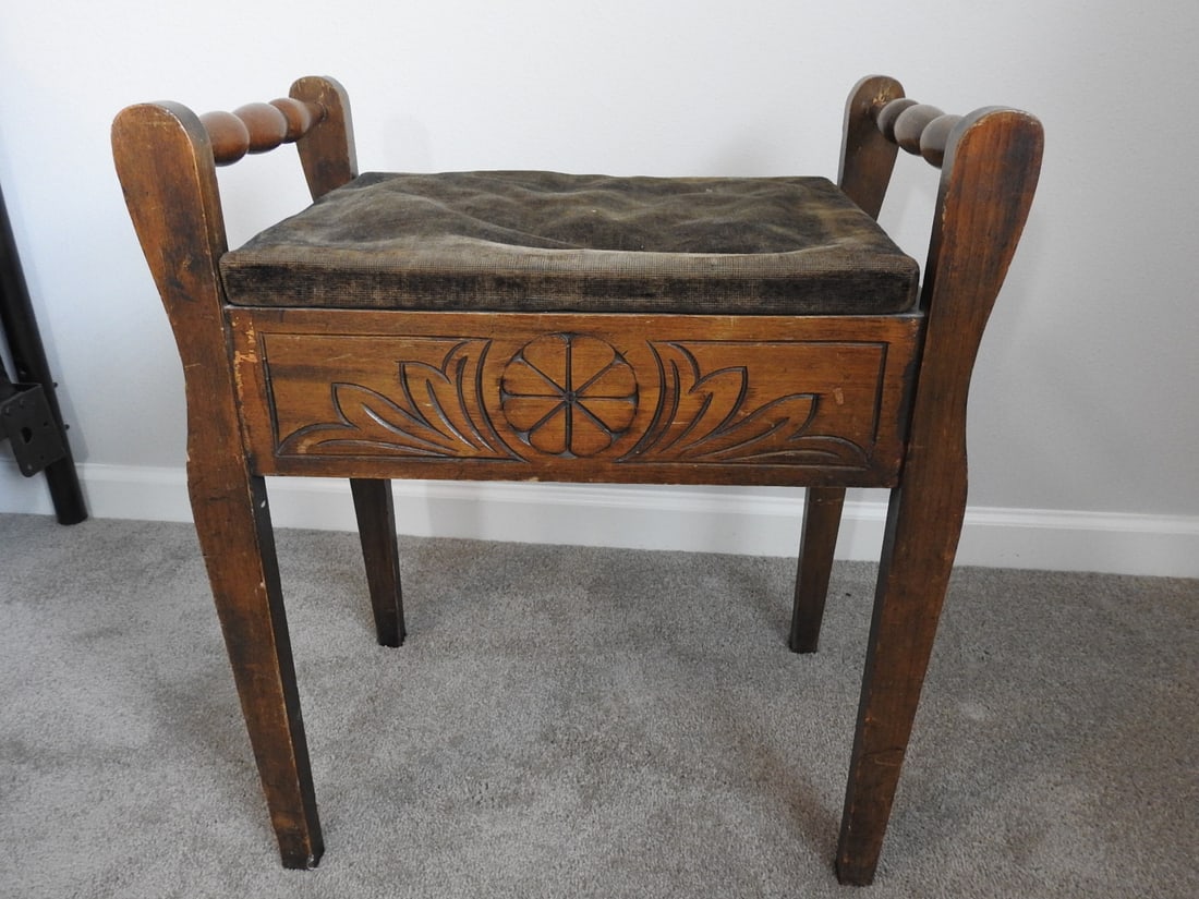 Antique Edwardian Mahogany Piano Stool with Velvet Seat - 6