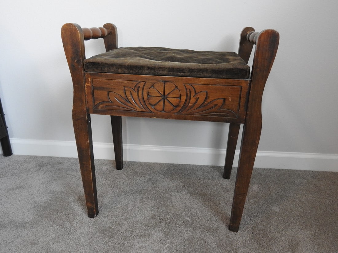 Antique Edwardian Mahogany Piano Stool with Velvet Seat - 7