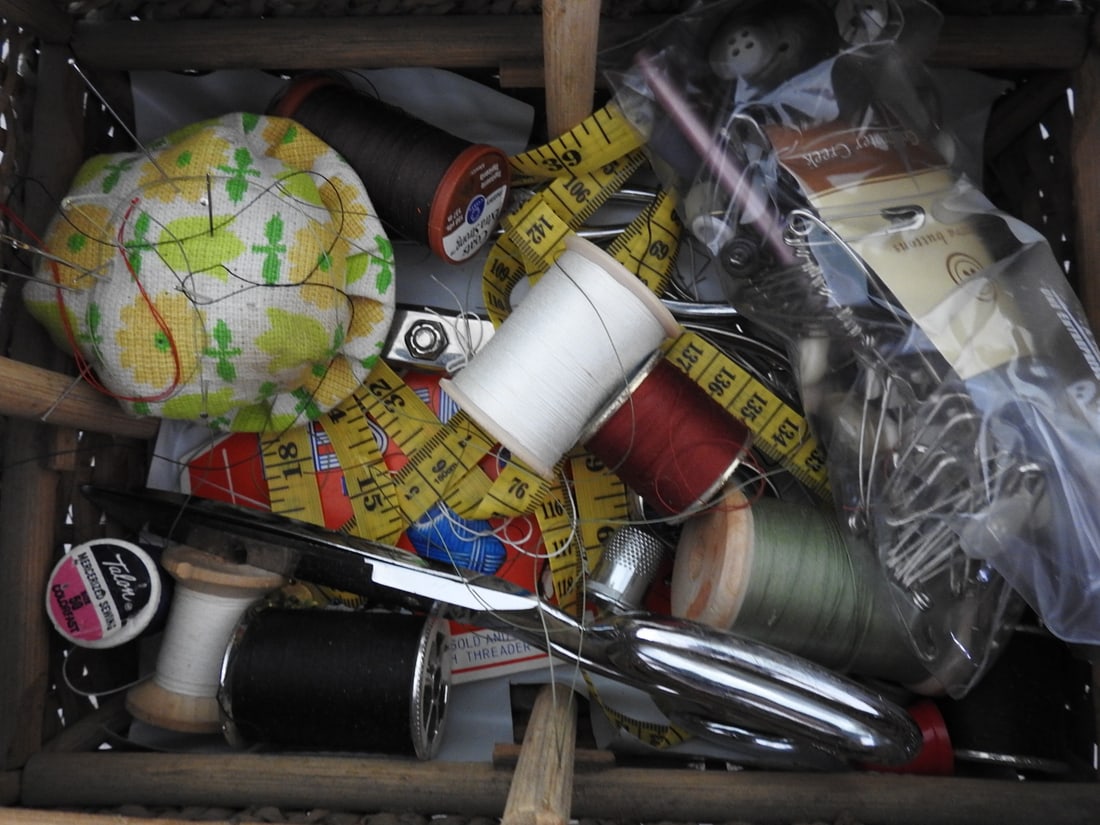 Antique Sewing Basket with Contents - 5