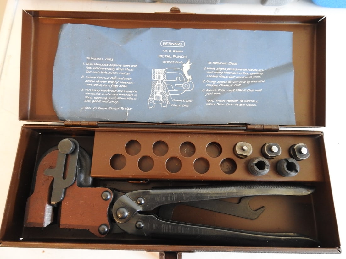 Bernard Pliers, Punches and Nippers Set: Bernard pliers, punches, nippers, and related small tool set in wooden fitted case, measured as packed. Approx. 2 x 4 x 9.5 in.