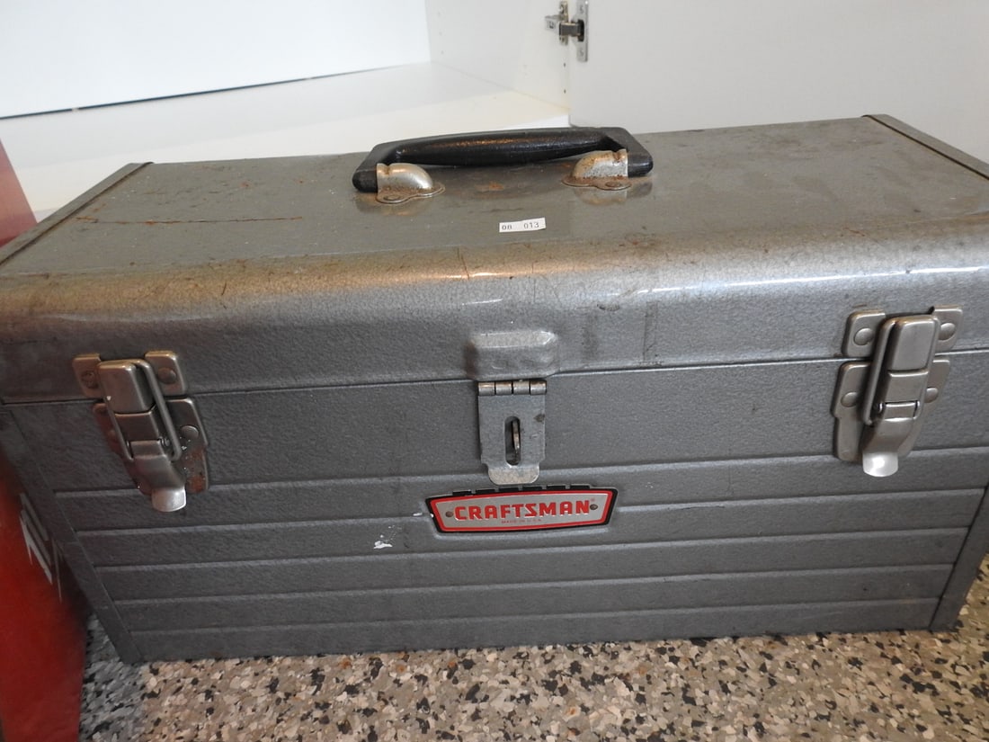 Craftsman Tool Box with Contents: Craftsman metal tool box with assorted contents inside, measured as packed. Approx. 10 x 9 x 18.5 in.