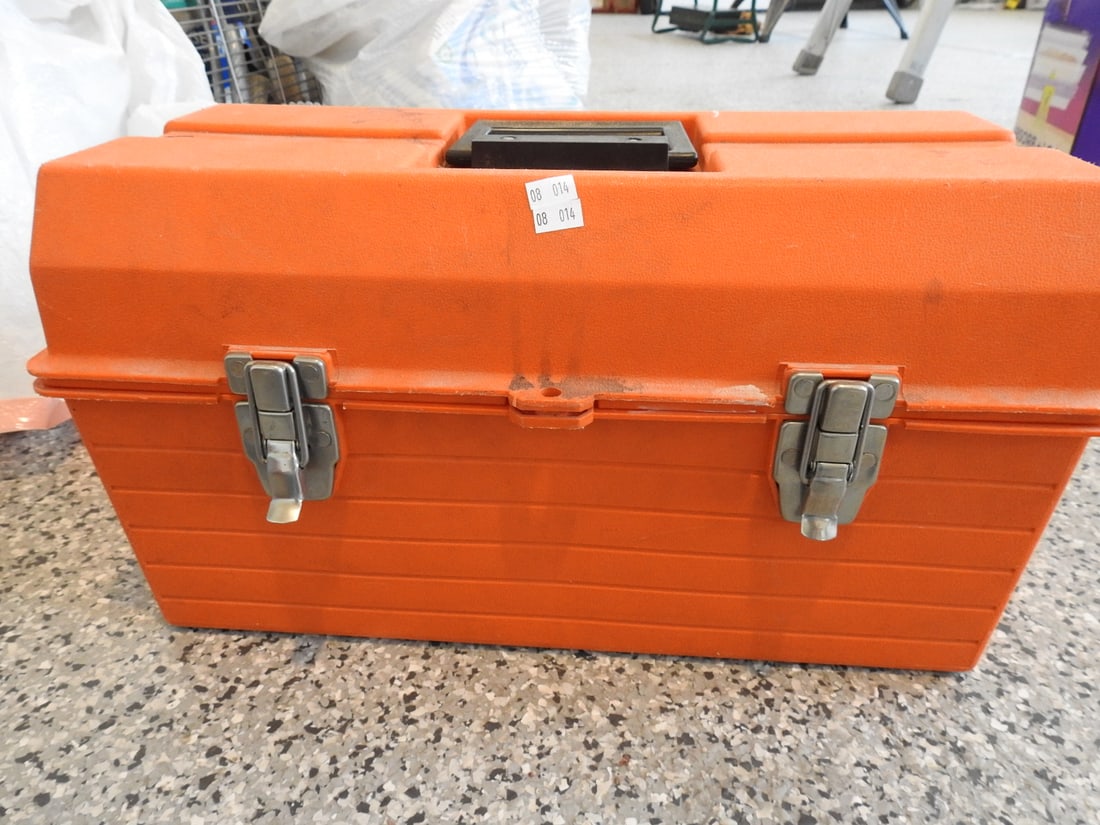 Tuff-Box Tool Box with Contents: Tuff-Box tool box with assorted contents inside, measured as packed. Approx. 11 x 10 x 19.5 in.