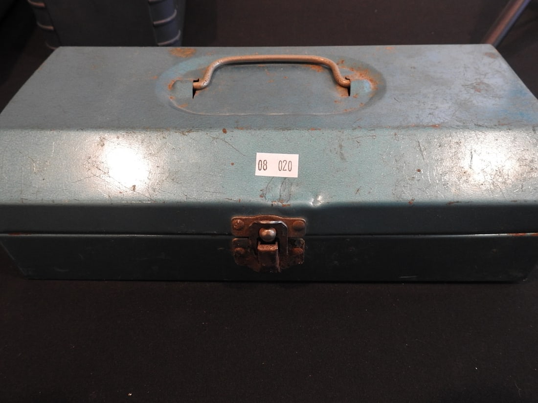 Vintage Blow Torch and Small Equipment Lot: Vintage blow torch and small equipment lot in metal case, measured as packed. Approx. 3.5 x 7 x 11 in.